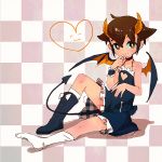  bad_id blush boots brown_eyes brown_hair crossdressinging demon_tail demon_wings dress endou_mamoru footwear heart horns inazuma_eleven inazuma_eleven_(series) male single_shoe sitting socks solo tail tomo10 trap wings 