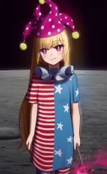  1girl american_flag american_flag_dress american_flag_print beckody blonde_hair clownpiece commentary dress flag_print hat highres holding holding_torch jester_cap long_hair neck_ruff on_moon pantyhose pink_eyes polka_dot_headwear purple_hat short_sleeves solo star_(symbol) star_print striped_clothes striped_dress striped_pantyhose torch touhou very_long_hair watermark 