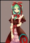  adapted_costume alternate_costume arm_hug arm_ribbon blue_eyes border bow breasts cleavage dress front_ponytail green_hair hair_bow hair_ribbon highres kagiyama_hina kurobuta_gekkan large_breasts long_hair looking_at_viewer no_bra ribbon simple_background smile solo standing touhou 