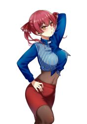  1girl alternate_costume bicorne blue_shirt breasts employee_uniform hat heterochromia highres hololive houshou_marine large_breasts leotard leotard_under_clothes long_sleeves mibry_(phrysm) nail_polish no_eyepatch red_eyes red_hair red_nails red_skirt see-through_clothes see-through_leotard shirt simple_background skirt solo striped_clothes striped_shirt tied_shirt vertical-striped_clothes vertical-striped_shirt virtual_youtuber white_background yellow_eyes 