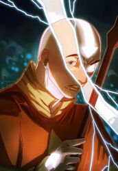  1boy aang absurdres arrow_(symbol) arrow_tattoo artist_name avatar:_the_last_airbender avatar_aang:_the_last_airbender avatar_legends avatar_state bald blue_tattoo forehead_tattoo gramnel head_tattoo highres male_focus monk orange_robe robe signature solo split_theme tattoo 