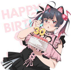  1girl :< absurdres animal_ears antenna_hair belt_collar black_dress black_hair blunt_bangs cake cat_ears choker clothing_cutout collar dress dress_ribbon drop_shadow earrings english_text fat food frilled_choker frilled_dress frilled_sleeves frills fruit gradient_hair hair_ornament hands_up happy_birthday highres holding holding_tray indie_virtual_youtuber jewelry jirai_kei light_blush long_hair looking_at_viewer mina_niya multicolored_hair musical_note musical_note_hair_ornament pink_choker pink_dress pink_ribbon red_eyes red_hair ribbon short_sleeves simple_background solo standing straight_hair strawberry thick_eyebrows tomatomagica tray triangle_mouth twintails upper_body v-shaped_eyebrows white_background 