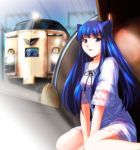  bag blue_eyes blue_hair blush dress long_hair original sitting solo train train_interior yamaguchi_takashi yamaguchi_yuu 