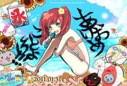  1girl ball bare_shoulders barefoot beach beachball bikini drink flower fractale green_eyes hair_flower hair_ornament legs nessa open_mouth pigtails red_hair redhead short_twintails sitting smile solo swimsuit teeth thigh thighs tongue twintails water 