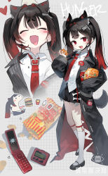  1girl :3 :d absurdres animal_ears belt_necktie black_hair blush_stickers burger can cellphone chips_(food) collared_shirt colored_inner_hair commentary_request drink_can fang flip_phone food french_fries hair_intakes heart highres holding holding_food ice_cream kneehighs long_sleeves multicolored_hair multiple_views open_mouth original phone red_eyes red_hair shirt shoes single_blush_sticker skin_fang smile socks soda_can soyoong_jun tail tongue tongue_out twintails two-tone_hair white_socks zipper_hair_ornament 