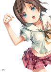  1girl blue_eyes brown_hair collarbone hair_ornament hairclip hentai_ouji_to_warawanai_neko looking_at_viewer midriff open_mouth paw_pose puffy_sleeves re_lucy school_uniform shirt short_hair short_sleeves simple_background skirt solo tsutsukakushi_tsukiko white_background 