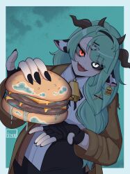  1girl absurdres animal_ears bell black_gloves black_nails black_ribbon black_sclera black_skirt brown_coat burger coat colored_sclera cow_ears cow_girl cow_horns cowbell crelly crelly_(crelly_3.0) fingerless_gloves food gloves green_hair grey_eyes grey_sclera hair_ornament heterochromia highres holding holding_burger holding_food horns indie_virtual_youtuber long_hair michellehemora mismatched_sclera mold mole mole_under_mouth open_mouth red_eyes ribbon shirt side_ponytail skirt solo virtual_youtuber white_shirt x_hair_ornament 