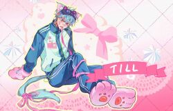  1boy alien_stage animal_ear_request animal_ears animal_hands aqua_eyes bandaid bandaid_on_face bandaid_on_nose black_mask blue_jacket blue_pants character_name commentary_request gloves grey_hair ichiha_(pixiv_1450931203) id_card jacket male_focus mask mask_on_hat mouth_hold official_alternate_costume pants paw_gloves paw_shoes pink_background pink_ribbon ribbon ribbon_in_mouth short_hair sleep_mask solo star_(symbol) sticker sticker_on_face tail tail_ornament tail_ribbon till_(alien_stage) track_jacket track_pants track_suit very_short_hair 