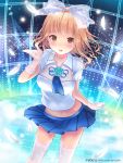 1girl :d bow brown_eyes brown_hair feathers hair_bow hair_ribbon ilog navel occhan_(artist) official_art open_mouth pleated_skirt ribbon see-through skirt smile solo tagme thigh-highs zettai_ryouiki 