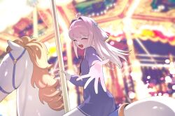  1girl absurdres ahoge blue_eyes blurry bokeh carousel closed_eyes depth_of_field dress game_asset hair_ornament highres holding imouto_tasha_paranoia long_hair long_sleeves looking_at_viewer non-web_source ohisashiburi one_side_up open_mouth purple_dress reaching reaching_towards_viewer sahana_(imouto_tasha_paranoia) self-datamine smile solo 