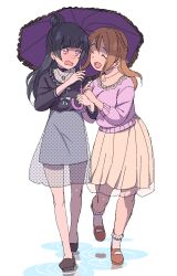  2girls :d absurdres black_hair black_shirt blunt_bangs blush bow braid breasts brown_hair english_commentary facing_another frilled_shirt frills full_body grey_bow grey_skirt hair_bun highres holding holding_umbrella jewelry kunikida_hanamaru large_breasts layered_skirt legs_apart light_blush long_hair long_sleeves looking_at_another love_live! love_live!_sunshine!! medium_skirt multiple_girls necklace pink_shirt pleated_skirt polka_dot polka_dot_shirt puddle purple_umbrella see-through_clothes see-through_skirt shirt shirt_bow simple_background skirt smile standing standing_on_one_leg straight_hair sweatdrop tomatomagica tsushima_yoshiko umbrella violet_eyes walking wavy_mouth white_background yellow_skirt 