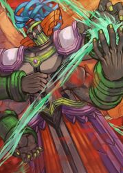  1boy armor bracer colored_sclera demon_(megami_tensei) extra_arms ginkado green_nails looking_at_viewer plume red_eyes red_sclera shin_megami_tensei shin_megami_tensei_devil_children shoulder_armor solo vibhishana_(megami_tensei) 