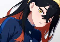  1girl absurdres black_hair blue_jacket carmine_(pokemon) colored_inner_hair commentary crossed_bangs english_commentary hair_between_eyes hairband highres jacket multicolored_hair parted_lips pokemon pokemon_scarlet_and_violet portrait red_hair simple_background solo su1zide white_background yellow_eyes yellow_hairband 