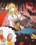  bad_id beret blonde_hair breasts charlotte_(madoka_magica) detached_sleeves drill_hair fingerless_gloves gloves gun hair_ornament hat magical_girl magical_musket mahou_shoujo_madoka_magica multicolored_eyes musket pleated_skirt puffy_sleeves rifle seina-n sewenan skirt thigh-highs thighhighs tomoe_mami vertical-striped_legwear vertical_stripes weapon yellow_eyes 