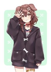  1girl black_hoodie braid brown_eyes brown_hair collar commentary_request hair_between_eyes highres hood hoodie inugami_korone light_smile long_hair looking_at_viewer ninamo red_collar simple_background solo standing teeth twin_braids 