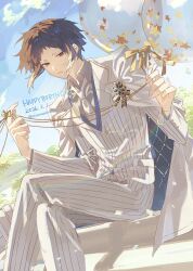  1boy akutagawa_ryuunosuke_(bungou_stray_dogs) balloon black_hair blue_sky bungou_stray_dogs closed_mouth clouds commentary_request confetti crossed_legs dated floating_hair grey_shirt happy_birthday highres holding holding_balloon looking_at_viewer male_focus necktie pants shirt sky solo totomuraakat white_necktie white_pants 