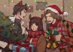  1girl absurdres brown_hair christmas christmas_present christmas_tree coat commentary_request gift hat highres holding inui_takumi jacket kamen_rider kamen_rider_555 kid1412621 kusaka_masato long_sleeves medium_hair merry_christmas multiple_boys santa_costume santa_hat shirt sonoda_mari sweater upper_body 
