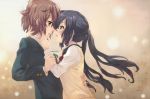  arm_grab black_hair brown_eyes brown_hair eye_contact face-to-face face_to_face female hand_on_another's_face hand_on_face hand_to_face hirasawa_yui hug k-on! long_hair looking_at_another love multiple_girls nakano_azusa niangao profile school_uniform short_hair sweater_vest tears twintails very_long_hair yuri 