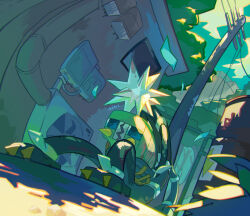  73sitimi air_conditioner cable city commentary_request drum_(container) highres no_humans pokemon pokemon_(creature) pokemon_focus power_lines sitting spikes urban xurkitree 
