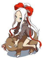  1girl animal baby_animal blue_eyes boar commentary_request forehead fudatsuki_kyouko fudatsuki_no_kyouko-chan grey_hoodie hair_ribbon high_ponytail hood hoodie large_ribbon long_hair official_art pig_snout piglet ponytail red_ribbon ribbon riding riding_animal riding_boar sandals shorts sitting smile tail white_background white_hair white_shorts yamamoto_souichirou 