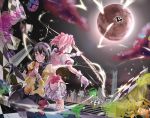  akemi_homura arrow back-to-back battle black_hair blush bow_(weapon) braid broken_ground bubble_skirt checkered checkered_floor city crack cracks glasses gloves hair_ribbon hairband kaname_madoka kneeling kyubey long_hair looking_up magical_girl mahou_shoujo_madoka_magica moon multiple_girls naka_nohito night pantyhose pink_hair red-framed_glasses ribbon school_uniform short_hair silhouette sitting spoilers twin_braids twintails wariza weapon white_gloves witch&#039;s_labyrinth witch's_labyrinth 