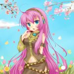  bad_id blush cherry_blossoms dandelion flower grass headphones megurine_luka navel solo suishou_anzu vocaloid 