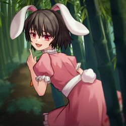  1girl animal_ears bamboo bamboo_forest brown_hair carrot_necklace chinese_commentary chunjiu commentary_request dress fang forest frilled_dress frills highres inaba_tewi jewelry looking_at_viewer nature necklace open_mouth outdoors pendant pink_dress puffy_short_sleeves puffy_sleeves rabbit_ears rabbit_girl rabbit_tail red_eyes ribbon-trimmed_dress ribbon_trim short_hair short_sleeves skin_fang smile solo tail touhou 