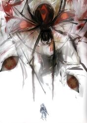  1boy 1girl absurdres alyosha_(genshin_impact) body_horror bug close-up disembodied_eye extra_eyes genshin_impact highres ledi_vis light_smile polearm red_eyes ronova_(genshin_impact) spear spider tagme watercolor_effect weapon white_background 