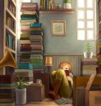  bad_id book bookshelf boots box brown_eyes cup lamp mikihisa415 orange_hair original plant reading room short_hair sitting solo teacup window 