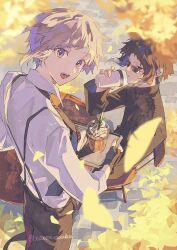  2boys akutagawa_ryuunosuke_(bungou_stray_dogs) black_hair black_jacket black_pants bungou_stray_dogs commentary cup disposable_coffee_cup disposable_cup dress_shirt falling_leaves floating_hair grey_hair highres jacket leaf looking_at_viewer looking_back male_focus multicolored_hair multiple_boys nakajima_atsushi_(bungou_stray_dogs) open_mouth pants shirt shirt_tucked_in short_hair sidelocks suspenders totomuraakat twitter_username two-tone_hair untranslatable_commentary white_shirt 