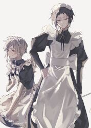  2boys akutagawa_ryuunosuke_(bungou_stray_dogs) alternate_costume apron black_hair black_shirt bow bowtie bungou_stray_dogs commentary_request crossdressing crossdressing_(mtf) frilled_apron frills greyscale hand_on_own_hip highres looking_at_viewer maid maid_apron maid_headdress male_focus male_maid monochrome multiple_boys nakajima_atsushi_(bungou_stray_dogs) neck_ribbon ribbon shirt short_hair sidelocks simple_background single_sidelock totomuraakat twitter_username white_apron white_background 