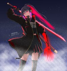  1girl absurdres alaska0812 black_hair black_skirt bow colored_inner_hair glowing glowing_sword glowing_weapon grey_bow highres holding holding_weapon jacket long_hair long_sleeves looking_at_viewer lyrical_nanoha mahou_shoujo_lyrical_nanoha_exceeds:_gun_blaze_vengeance mismatched_arms monster_arm multicolored_hair open_clothes ponytail red_hair school_uniform skirt solo standing sword weapon yorumi_towa 