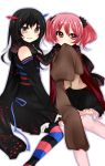  @_@ bad_id bare_shoulders black_hair charlotte_(madoka_magica) covering covering_face covering_mouth detached_sleeves dual_persona dual_personal grin head_wings highres long_hair mahou_shoujo_madoka_magica multicolored_eyes multiple_girls personification pink_eyes pink_hair sakuragi_yuzuki scarf shadow shared_scarf short_hair simple_background sitting sleeves_past_wrists smile striped striped_legwear striped_thighhighs thighhighs twintails 