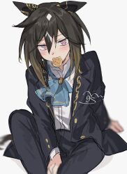  1girl animal_ears aogisa ascot black_hair black_jacket black_pants blue_ascot blush brown_eyes brown_hair ear_covers food_in_mouth hair_between_eyes highres horse_ears horse_girl horse_tail jacket long_hair multicolored_hair pants shirt sitting solo stay_gold_(umamusume) streaked_hair tail umamusume white_hair white_shirt 