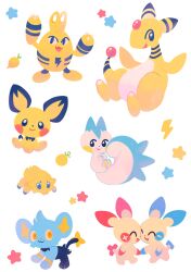  absurdres ampharos animal_focus baby_animal berry_(pokemon) blush bug chibi chibi_only electric_type_theme_(pokemon) elekid grepa_berry highres ieafy joltik lightning_bolt_symbol lion lion_cub minun no_humans pachirisu pichu plusle pokemon pokemon_(creature) pokemon_focus sheep shuca_berry spider squirrel star_(symbol) 