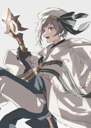  1boy alternate_costume blush brown_eyes bungou_stray_dogs commentary_request fang grey_background grey_hair hat highres holding holding_staff looking_to_the_side mage_staff male_focus nakajima_atsushi_(bungou_stray_dogs) open_mouth short_hair simple_background single_sidelock solo staff totomuraakat 
