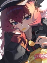  1girl absurdres bag_of_chips black_hat black_jacket black_shirt blue_archive chinese_commentary chips_(food) commentary_request food food_in_mouth hair_between_eyes hat head_on_hand head_rest highres holding holding_food iroha_(blue_archive) jacket junjun_zqxg long_sleeves looking_at_viewer necktie peaked_cap red_hair red_necktie shirt simple_background solo violet_eyes white_background 