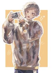  1boy blush border bungou_stray_dogs camera commentary grey_hair highres holding holding_camera light_blush looking_at_viewer male_focus nakajima_atsushi_(bungou_stray_dogs) open_mouth outline pants sidelocks solo straight-on totomuraakat twitter_username untranslatable_commentary white_border white_outline 