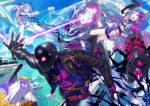  airship battle belt boots can character_request cleaver cloud condensation_trail contrail destruction explosion gloves glowing glowing_eyes gun highres huge_weapon knife male mask mckeee mechanical_arm missile multiple_girls open_mouth original purple_hair red_eyes shorts side_ponytail sky smile sword weapon wink 