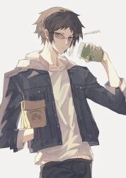  1boy akutagawa_ryuunosuke_(bungou_stray_dogs) black_hair black_jacket black_pants bungou_stray_dogs collarbone commentary cup glasses highres holding holding_cup hood hood_down hooded_jacket jacket looking_at_viewer male_focus midriff_peek pants shirt short_hair simple_background solo t-shirt totomuraakat twitter_username untranslatable_commentary white_background 
