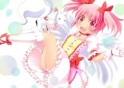  artist_request blush choker dress gloves grin hair_bow happy kaname_madoka kyubey kyuubee magical_girl mahou_shoujo_madoka_magica open_mouth panties pantyshot pink_hair pink_panties red_eyes smile source_request twintails 