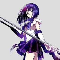  1girl bad_id bad_twitter_id bishoujo_senshi_sailor_moon bob_cut bow bowtie brooch circlet closed_mouth cowboy_shot drop_shadow four-pointed_star from_side glaive_(polearm) gloves grey_background holding holding_polearm holding_weapon jewelry leotard looking_at_viewer looking_to_the_side magical_girl miniskirt pleated_skirt polearm print_bow print_bowtie print_skirt purple_bow purple_bowtie purple_hair purple_skirt sailor_saturn short_hair silence_glaive simple_background skirt smile solo standing star_brooch starry_sky_print tomoe_hotaru violet_eyes weapon white_gloves white_leotard yoko.u 