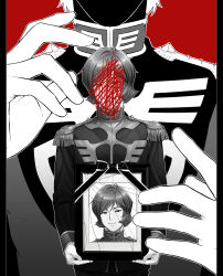  2boys char_aznable collar collared_jacket commentary_request cowboy_shot epaulettes garma_zabi gloves green_jacket green_pants gundam highres holding holding_portrait iei implied_death jacket long_sleeves looking_at_viewer male_focus military_jacket military_uniform mobile_suit_gundam monochrome monochrome_inset multiple_boys murakami_(mrkm3103) pants portrait_(object) purple_hair red_collar simple_background smile spoilers violet_eyes white_background white_gloves zeon 
