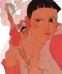 1boy aqua_eyeshadow arms_up ballet_slippers black_hair blunt_bangs blush brown_eyes cerisebird closed_mouth coat commentary emporio_ivankov eyelashes eyeshadow fur-trimmed_coat fur_trim highres leg_up looking_at_viewer makeup multiple_views one_piece pink_coat smile twitter_username 