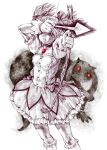  arrow bow_(weapon) bubble_skirt choker covering covering_eyes covering_face glowing glowing_eyes graphite_(medium) highres kaname_madoka kyubey magical_girl mahou_shoujo_madoka_magica mandeid monochrome pizza_man puffy_sleeves short_hair short_twintails simple_background traditional_media twintails weapon 