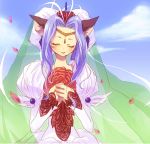  agarte_lindblum animal_ears blue_hair cat_ears closed_eyes cloud clouds crown dress earrings eyes_closed flower food fruit grapes hands_clapsed hands_clasped jewelry mio_(rominuato) payot petals princess puffy_sleeves red_rose rose short_hair sky smile solo tales_of_(series) tales_of_rebirth tiara veil 