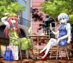  :d arms_behind_head bag beret blue_eyes blue_hair boots braid cellphone cellphone_strap chair crossed_legs food hat high_heels hong_meiling izayoi_sakuya jacket_on_shoulders multiple_girls no_headwear open_mouth phone red_hair remilia_scarlet ribbon shoes shopping_bag silver_hair sitting smile star table the_embodiment_of_scarlet_devil thighhighs tksymkw touhou tsurukou_(tksymkw) twin_braids white_legwear zettai_ryouiki 