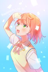  1girl breasts commentary_request green_eyes hair_intakes highres love_live! love_live!_nijigasaki_high_school_idol_club medium_hair neck_ribbon open_mouth orange_hair profile ribbon shading_eyes shirt small_breasts smile solo sweater_vest uehara_ayumu upper_body white_shirt wolf_ggwin yellow_sweater_vest 