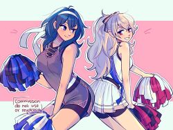  2girls ass-to-ass bare_arms bare_shoulders black_ribbon black_unitard blue_eyes blue_hair blue_sash blush breasts cheerleader cosplay female_byleth_(cheer_power)_(fire_emblem) female_byleth_(fire_emblem) female_corrin_(cheer_power)_(fire_emblem) female_corrin_(fire_emblem) female_corrin_(fire_emblem)_(cosplay) fire_emblem fire_emblem:_three_houses fire_emblem_fates fire_emblem_heroes hair_between_eyes hair_ribbon headband highres holding holding_pom_poms jacket large_breasts long_hair moocaron multiple_girls official_alternate_costume official_alternate_hairstyle open_mouth pointy_ears pom_pom_(cheerleading) ponytail red_eyes ribbon robe_on_shoulders sash shirt smile teeth track_jacket white_hair white_headband white_shirt 