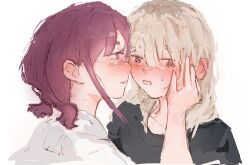  2girls @_@ black_shirt blue_eyes brown_hair girls_band_cry grey_hair hair_between_eyes highres iseri_nina kashiko_ma kawaragi_momoka logo low_twintails multicolored_hair multiple_girls open_mouth roots_(hair) shirt short_hair short_twintails simple_background twintails white_background white_shirt yuri 